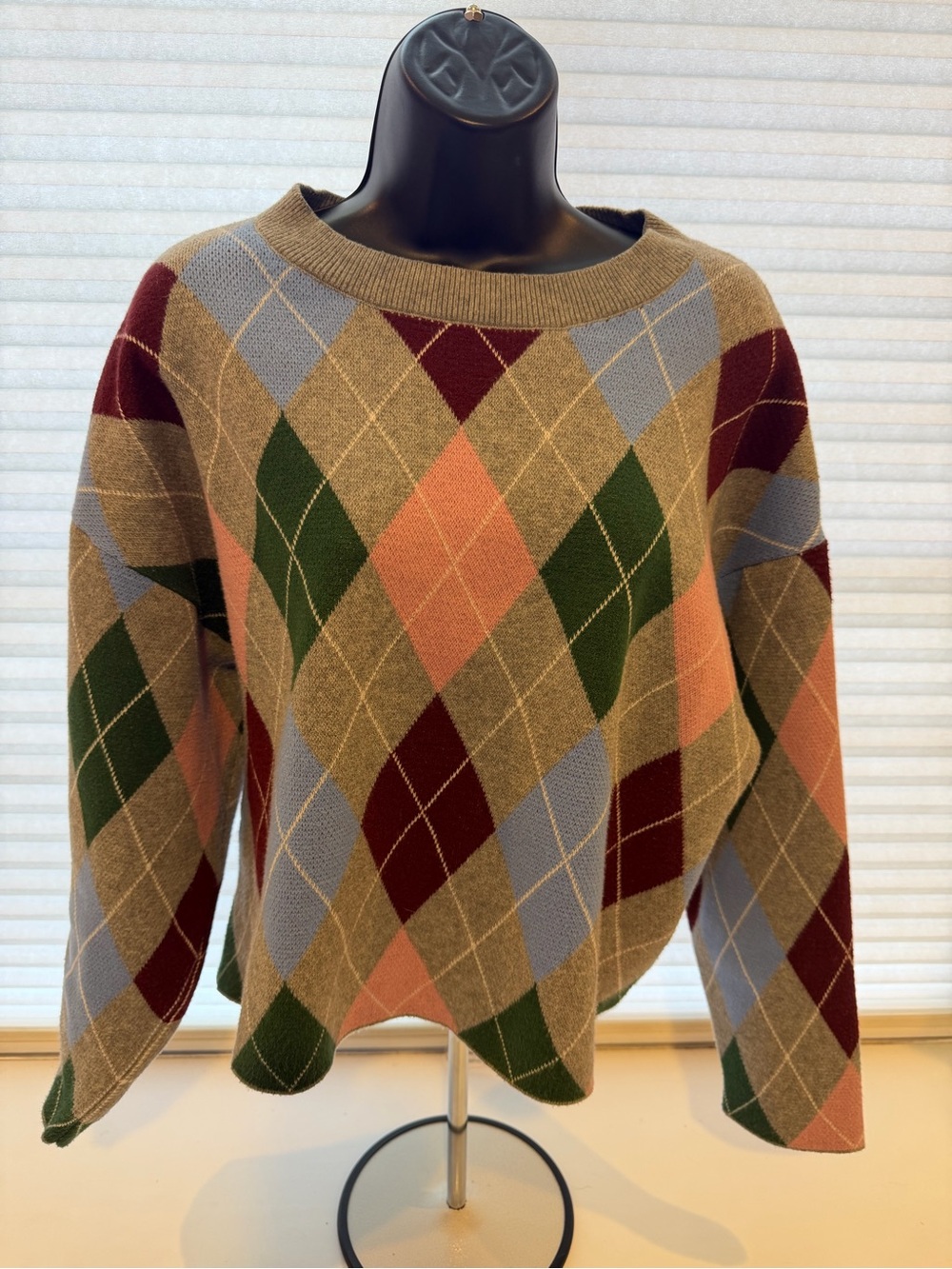 Old Navy Argyle Crewneck Sweater Size M Women’s Green Pink Blue Heather Gray